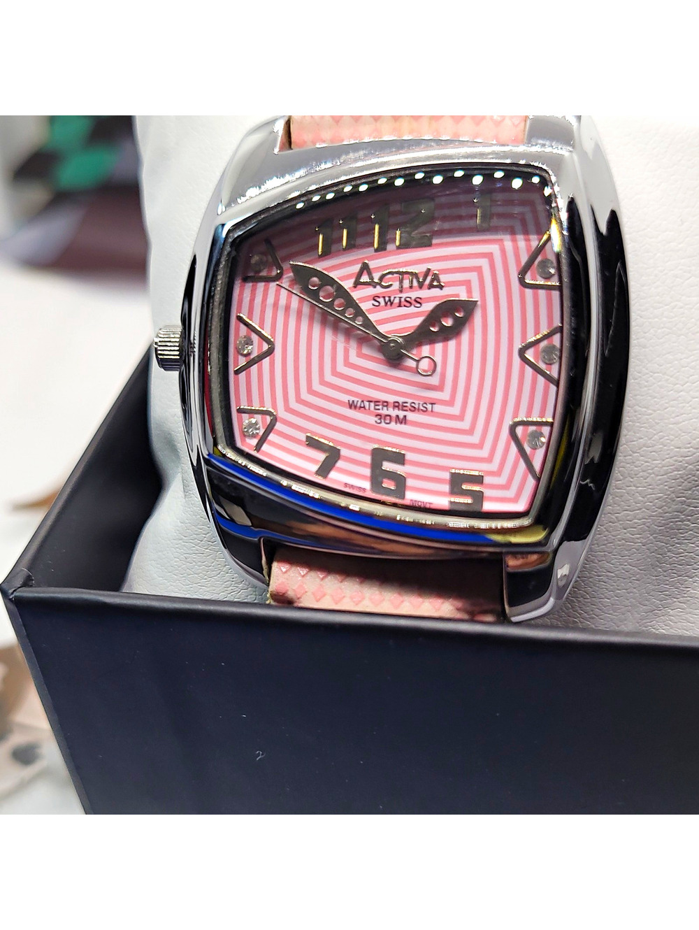 620 Activa Swiss Women's Pink Dial Square Stainless Steel Quartz Watch w/ Box